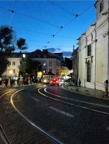 Tram tracks at night